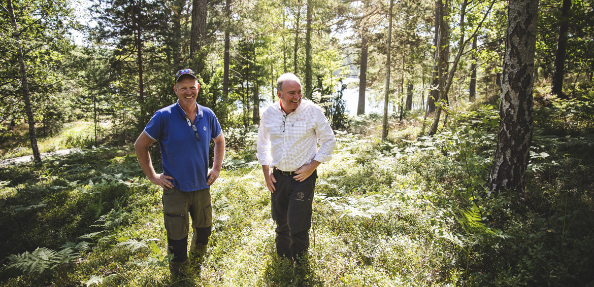Lars Friberg och Skogssällskapets David Eiderbrant på skogsmarken som tillhör Brevik gård på Värmdö. Foto: Felicia Yllenius