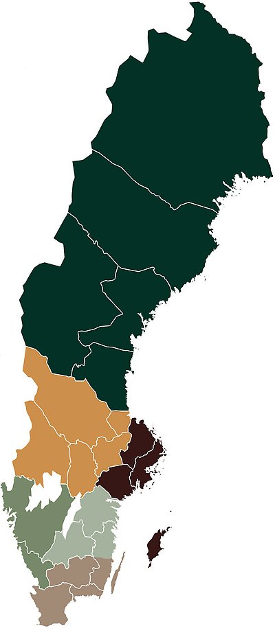 Map over Skogssällskapets six regions in Sweden.